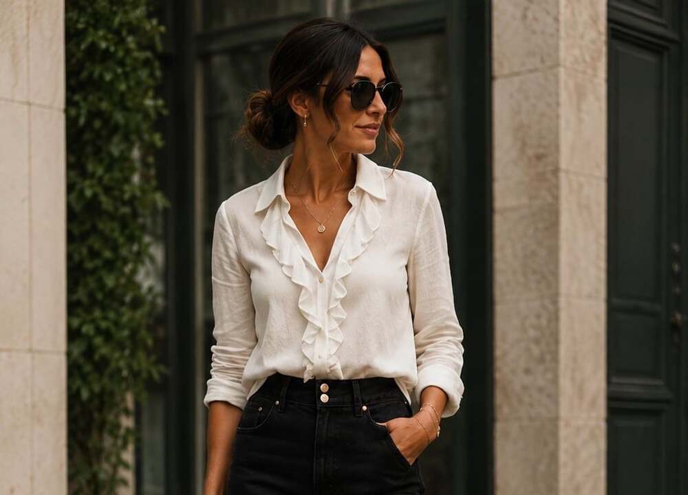 White House Black Market Women's Long-Sleeve Ruffle-Front Button-Down Blouse